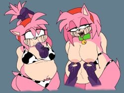 amy_rose bikini bra broken_bra chubby cow_bell cow_bell_collar cow_print dripping_makeup hair_between_eyes hair_pulled_back mascara mascara_tears milking milking_breasts pinching_nipples pregnant pubes sloppy sloppy_blowjob sonic_(series) sonic_the_hedgehog_(series) squirting_milk starbo_(artist) teary_eyes underwear yanked_hair