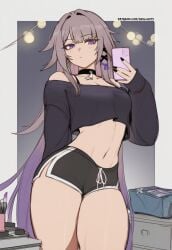 1girls 2025 ai_assisted ai_generated bare_shoulders black_nails brown_hair collar curvy curvy_figure emotionless female herta_(honkai:_star_rail) hi_res honkai:_star_rail honkai_(series) hoyoverse long_hair mihoyo multicolored_hair patreon_username phone purple_eyes purple_hair room_background selfie shorts sidillusts solo solo_female stomach the_herta_(honkai:_star_rail) thick_thighs thighs white_skin wide_hips