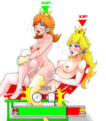 2015 2girls blonde_hair blue_eyes blush breasts brown_hair earrings female female_only frottage game_mechanics gameplay_mechanics gloves human leg_between_thighs mario_(series) multiple_girls nintendo nipples okamisaga orgasm panting princess_daisy princess_peach sex sprite stockings super_mario_bros. thigh_straddling tribadism tribadism_from_behind vaginal_penetration white_background yuri