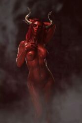 alternate_version_available black_background blood breasts demon_horns facepaint female hand_behind_head hand_on_own_chest horns horror_(theme) nude red_skin shiny sidelighting smoke solo thighs