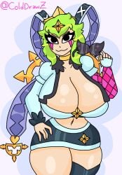 big_ass big_breasts big_breasts big_thighs black_eyes black_skirt brawl_stars green_hair melodie_(brawl_stars) pop_melodie_(brawl_stars) sunglasses