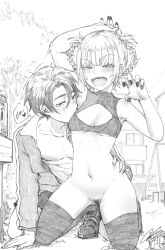 1boy 1girls boob_window bottomless breasts call_of_the_night female fkscrashing kneeling male monochrome naked nanakusa_nazuna no_bra no_panties nude_female outdoors pink_hair pubic_hair pussy pussy_hair pussy_out short_hair show_pussy sketch small_breasts small_hips smelling smile teenager tight_body uncensored vampire_girl yamori_kou