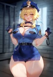 1girls ai_generated bangs belt black_belt black_gloves blonde_hair blue_headwear blue_shirt blue_skirt blush breasts chains choker cleavage clothing cuffs curvaceous curvaceous_female curvaceous_figure curvy curvy_figure feathers female female female_focus female_only genshin_impact gloves hair_between_eyes hair_ornament handcuffs hat headwear hoyoverse huge_breasts inviting inviting_to_sex large_breasts long_hair looking_at_viewer lumine_(genshin_impact) miniskirt miyuai parted_lips pencil_skirt police police_hat police_uniform policewoman restraints seductive seductive_look seductive_smile shirt short_hair_with_long_locks short_sleeves sidelocks skirt solo standing sweat thick_thighs thighs uniform voluptuous voluptuous_female yellow_eyes