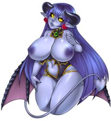 astaroth_(shinrabanshou) black_sclera blue_hair blue_skin blush breasts clothing cropped_legs demon_girl demon_tail detached_collar earrings female glowing glowing_eyes head_tilt huge_breasts jewelry leotard long_hair navel_cutout parted_lips penis pointy_ears shinrabanshou shiny shiny_skin simple_background slit_pupils tail transparent_background wings xenthyl yellow_eyes