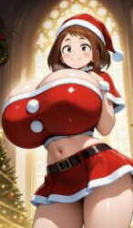 ai_generated boku_no_hero_academia brown_eyes brown_hair christmas christmas_outfit chubby_female cleavage female jiuyang-hsien light-skinned_female light_skin my_hero_academia ochako_uraraka solo