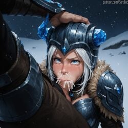 1female 1girls 2d ahe_gao ahe_gao ahegao_face ai_generated armor armored_female blue_eyes crying cum cum_from_nose cum_in_mouth cumming deepthroat detailed_female eyes_rolled_up female from_above girl grabbing_head head_grab helmet hi_res high_resolution highres league_of_legends looking_up pony_diffusion_xltasy pushing_down sejuani serotec short_hair shoulder_armor straight tears throat_fuck white_hair