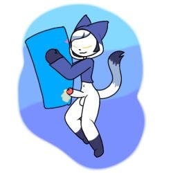 blue_background blue_hair cat_ears cat_tail cute feline furry pillow_hug precum seabird_(yonkagor) sleeping smiling white_body yonkagor