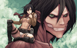 1boy 1girls 21yc abs attack_on_titan attack_titan black_hair breasts brown_hair eremika eren_jaeger female giant_male green_eyes macro_male male male/female micro_female micro_on_macro micro_on_shoulder mikasa_ackerman navel panties rogue_titan scarf shingeki_no_kyojin short_hair size_difference skirt titan_(shingeki_no_kyojin) upskirt white_panties