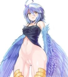 absurdres ahoge ass_visible_through_thighs blue_hair blue_wings bottomless breasts clitoris cowboy_shot erect_nipples feathered_wings female harpy highres monster_girl monster_musume_no_iru_nichijou navel open_mouth papi_(monster_musume) pussy simple_background small_breasts solo tk2k_jade uncensored white_background wings yellow_eyes