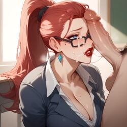 after_fellatio ai_generated beauty_mark big_breasts black_glasses blue_eyes classroom cleavage cum cum_dripping cum_on_face cum_on_glasses earrings eogard_orc glasses heavy_breathing high_ponytail horny_female huge_cock lips looking_at_partner on_knees original_character pubic_hair red_hair red_lipstick saliva_on_penis saliva_trail self_upload stable_diffusion teacher teacher_and_student teacher_outfit