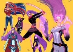 1girls betsy_braddock big_breasts blue_hair captain_britain hair_fetish long_hair marvel marvel_comics multicolored_hair multiple_outfits purple_hair red_hair redrollerball union_jack very_long_hair white_hair