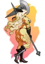 amazon_(dragon's_crown) axe bikini black_feathers blonde_hair boots dragon's_crown feather_in_hair gauntlets large_ass large_breasts leg_tattoo long_hair looking_at_viewer muscular muscular_female pokkuti polearm tattoo thick_thighs thong