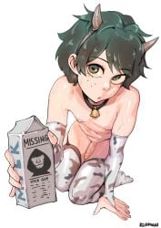 1boy analog_horror anime armwear collar cow_print cow_print_armwear cow_print_legwear cow_print_thighhighs cowbell crossover erect_penis erection fake_horns femboy freckles freckles_on_face garter_straps girly green_eyes green_hair hair headwear holding_object izuku_midoriya kokman legwear looking_at_viewer male male_only mandela_catalogue meme milk_carton missing_poster my_hero_academia naked naked_stockings neckwear nipples nude otoko_no_ko penis penis_out six_(mandela_catalogue) solo solo_focus solo_male sweat sweatdrop thighhighs thighs when_you_see_it