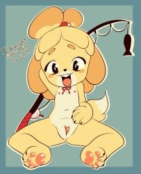 animal_crossing animal_ears canine dog_ears dog_girl dog_tail female furry isabelle_(animal_crossing) looking_at_viewer nintendo non-web_source simple_background smile solo spread_pussy tail yellow_fur