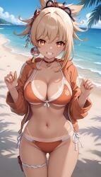 1girls ai_generated bangs beach big_ass big_breasts bikini bikini_bottom bikini_top blonde_female blonde_hair blonde_hair genshin_impact hair_ornament high_resolution highres hoyoverse jasse looking_at_viewer tagme tan_body tan_skin tanline tanlines yoimiya_(genshin_impact)