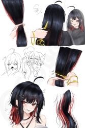 2girls ahoge alternate_hairstyle bangs black_hair blush character_request doodle english glasses hairclip hairclips haircut haircut_fetish horns jellyfish_cut long_hair looking_at_viewer onomatopoeia original original_character red_eyes red_hair scissors sidelocks smile smiling_at_viewer subguss very_long_hair virtual_youtuber vtuber