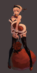 artist_request bell_collar blonde_hair blue_eyes bra christmas collar dress female female_only garter_belt glasses goggles goggles_on_head hair heels high_heels human latex looking_at_viewer mrs._claus sack simple_background solo standing stockings wristband