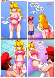 1boy 1girls ass blonde_hair blue_eyes blue_shorts breasts brown_hair clothing comic crown dialogue duo facial_hair female hat human indoors legwear light-skinned_female light-skinned_male light_skin long_hair male male/female mario mario_(series) moustache nintendo open_mouth palcomix pink_outfit princess princess_peach pussy red_hat royalty shirtless shirtless_male shorts straight text voluptuous voluptuous_female white_gloves white_legwear