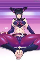 1girls abs abstract_background bangs belt black_hair blunt_bangs breasts cameltoe capcom clothed darkereve detached_sleeves eyeliner feet feet_together female female_only fingerless_gloves gloves hair_horns halterneck juri_han large_breasts leggings nail_polish navel pink_background pink_eyes pink_nails pov_feet pubic_stubble purple_background sidelocks sitting smirk solo spread_legs stirrup_legwear street_fighter street_fighter_iv thick_thighs tight_clothing toenail_polish toes toned toned_female underboob watermark