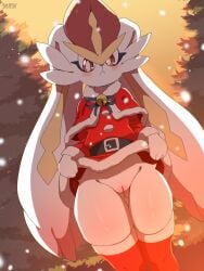 anthro biped clothed clothing clothing_lift female fur generation_8_pokemon genitals gigantamax_cinderace gigantamax_pokemon hi_res nintendo pokemon pokemon_(species) pupils pussy red_clothing sarox solo standing thick_thighs white_body white_fur