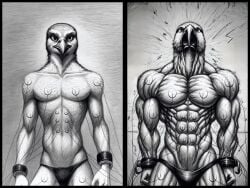 abs absurd_res after_transformation ai_generated anthro athletic athletic_anthro athletic_male avian beak biceps big_muscles bird clothing cuff_bracelet deltoids electrode electrostimulation exercise falcon falconid feathers growth hi_res looking_at_viewer male muscle_growth muscular muscular_anthro muscular_arms muscular_male muscular_thighs neck_muscles nude pain pecs ripped_muscles screaming serratus solo standing test_subject thong transformation triceps underwear veiny_muscles white_body workout