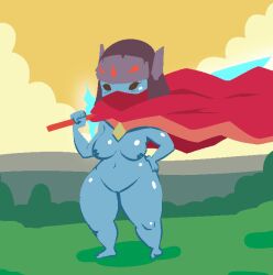 1girls 2016 big_breasts blu_(hyper_light_breaker) blue_body blue_skin blush bottomless female hyper_light_drifter minigunner_(artist) rule_63 shortstack solo the_drifter_(hyper_light_drifter) thick_thighs