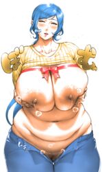 1girls areola bangs belly big_breasts blue_eyes blue_hair blush breast_hold breasts breasts_out censored erect_nipples female gundam gundam_build_fighters hairy half-closed_eyes hips huge_areolae huge_breasts iori_rinko jeans lactation large_areolae long_hair looking_at_viewer mature_female milf navel nipples no_bra no_panties open_mouth orushibu plump presenting pubic_hair shirt_up smile solo standing thick thick_thighs thighs wide_hips