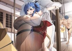 2boys azur_lane barrel bell_(azur_lane) bell_(saloon_mishaps)_(azur_lane) black_male_underwear blue_eyes blue_hair blue_hat blunt_bangs blush breasts colored_skin commander_(azur_lane) commentary_request commission female full_body hat highres huge_breasts indoors large_breasts long_hair male_underwear manjuu_(azur_lane) meowfficer_(azur_lane) multiple_boys muscular muscular_male nouka off-shoulder_shirt off_shoulder open_mouth peaked_cap pixiv_commission rape red_skirt sex shirt skirt straight underwear very_long_hair white_shirt white_skin