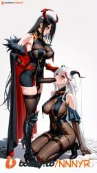 2girls aegir_(azur_lane) ai_generated azur_lane black_hair blowjob friedrich_der_grosse_(azur_lane) futanari head_grab horns kneeling lesbian_sex nnnyr running_makeup runny_makeup simple_background stable_diffusion standing sucking sucking_penis white_background white_hair yellow_eyes yuri