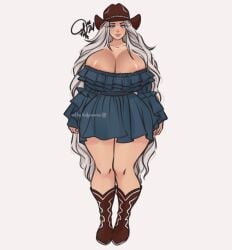 1girls areola areola_slip artist_name artist_signature blue_dress cowboy_boots cowboy_hat dress full_body fully_clothed grey_hair large_breasts leefysaurus long_eyelashes long_fingernails original original_character very_long_hair watermark