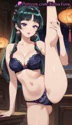 1girls ai_generated anime anime_style ass_visible_through_thighs bangs bare_shoulders beads black_bra black_panties blue_eyes blunt_bangs blush bow bra breasts bust busty cleavage collarbone earrings female female_focus female_only freckles green_hair hair_beads hair_bun hair_ornament hentai indoors jewelry kneepits kusuriya_no_hitorigoto large_breasts leg_up lingerie long_hair looking_at_viewer makeup maomao_(kusuriya_no_hitorigoto) medium_breasts mole natsuyoru navel panties parted_lips pink_nails purple_eyes solo solo_female split standing standing_on_one_leg standing_split stomach thighs underwear underwear_only voluptuous voluptuous_female