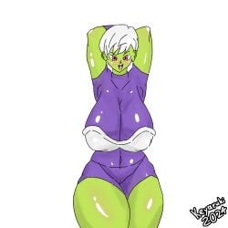 1female 1girls 2d 2d_(artwork) armor armored_female ass big_ass big_breasts big_hips big_thighs boobs_bigger_than_head breasts cheelai dragon_ball dragon_ball_super dragon_ball_z female female female_focus female_only flat_colors gigantic_breasts green_body green_skin hips keyaruki massive_breasts shiny_skin short_hair signature simple_background simple_coloring skin_tight_suit solo solo_focus standing thick_thighs thighs tomboy twitter_link unrealistic_proportions voluptuous voluptuous_female white_hair