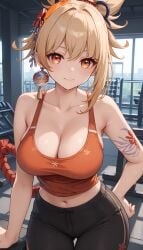 1girls ai_generated arm_tattoo bangs big_ass big_breasts blonde_female blonde_hair blonde_hair genshin_impact hair_ornament high_resolution highres hoyoverse jasse looking_at_viewer tagme yoimiya_(genshin_impact)