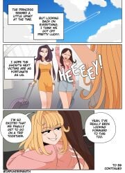 3girls bare_shoulders comic disguise ellie_(impunderneath) ellie_skinsuit english_text female impersonation imposter impunderneath low_cut_top original original_character page_56 possessed possession sfw story