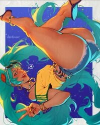 1girls ass ass_focus ass_up big_ass brazilian_miku dark-skinned_female green_hair hatsune_miku large_ass legs long_hair looking_at_viewer minishorts open_mouth small_breasts smiling tanline tanlines twintails upside-down valentinainat1