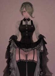 danganronpa danganronpa_3 danganronpa_v3 exhibitionism exhibitionist flashing flashing_pussy kirumi_tojo maid maid_apron maid_outfit maid_uniform naked naked_female skirt_lift skirt_up tojo_kirumi white_hair