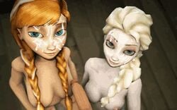 2girls 3d animated anna_(frozen) blue_eyes boombadaboom braid braids bukkake cum cum_on_face cumshot disney elsa_(frozen) erect_nipples faceless_male facial fellatio female from_above frozen_(film) hair human looking_at_viewer male nipples nude oral penis pov red_hair sex sisters smile source_filmmaker straight threesome