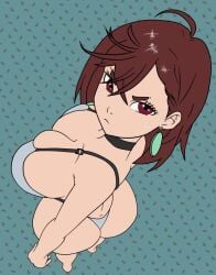 1female 1girls :t ass ayase_momo big_ass big_breasts big_tits breasts brown_hair bubble_ass bubble_butt caked_up cheesecake choker dandadan earrings fat_ass fat_tits grey_underwear gyaru huge_breasts jigglytoons kogal light-skinned_female light_skin looking_up medium_hair red_eyes round_ass short_hair simple_background solo solo_focus sweatdrop thong tight_clothing top_view underwear voluptuous voluptuous_female wide_hips