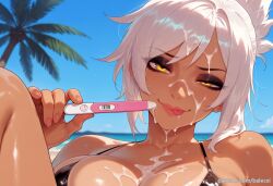 ai_generated balecxi beach black_bikini cum_on_body cum_on_breasts dark-skinned_female day facial female holding large_breasts league_of_legends looking_at_viewer outdoors palm_tree pregnancy_test riven sky smile solo swimsuit tan tanlines tongue tongue_out white_hair yellow_eyes