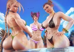 3d 3girls big_breasts bikini cammy_white chun-li juri_han looking_at_viewer sexy street_fighter sunny_day