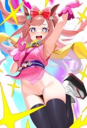 :d agnes_digital_(umamusume) alternate_costume animal_ears arm_up armpits black_thighhighs blue_eyes bow brown_hair commentary_request female gold_ship_(umamusume) hairbow heart heart-shaped_pupils highres horse_ears horse_girl horse_tail japanese_clothes kitasan_black_(umamusume) long_hair looking_at_viewer ninja no_panties okobo open_mouth platform_sandals pussy red_bow sandals smile socks solo special_week_(umamusume) symbol-shaped_pupils tabi tail thighhighs ugohato umamusume uncensored white_socks