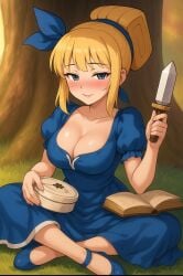 ai_generated big_breasts blonde_female blonde_hair breasts clash_(series) clash_a_rama clash_royale cleavage cleavage_cutout dagger dagger_duchess_(clash_royale) dress huge_breasts looking_at_viewer princess seductive seductive_look seductive_smile smirk smirking smirking_at_viewer