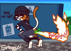 :3 absurd_res anthro anus ass beanie biped blue_body blue_fur bottomless bottomwear bottomwear_down breasts calico_cat cat_tail clothed clothing crouching dialogue domestic_cat ear_piercing ear_ring epic_games eyebrows fart fart_cloud fart_fetish feet felid feline felis female fire fire_fart fishbone fortnite fur hat headgear headwear hi_res jacket lighter looking_back mammal meow_skulls meow_skulls_(fortnite) multicolored_body multicolored_fur onomatopoeia orange_body orange_fur pants pants_down partially_clothed piercing ring_piercing shirt simple_background small_breasts smokey_the_menish smug soles solo solo_focus sound_effects tail text topwear white_body white_fur yellow_eyes