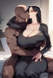 1boy 1boy1girl 1girl1boy about_to_fuck ai_generated bedroom big_breasts black_clothing black_dress black_hair black_hair_female blush breasts_bigger_than_head busty busty_female curvaceous curvaceous_female curvaceous_figure curvy curvy_figure dark-skinned_male dark_skin earrings female girl hands_behind_another's_head holding_partner huge_breasts kiss_on_lips kissing light-skinned_female light_skin mature_female mature_woman milf milf_love_young_man muscular muscular_male nude_male older_female older_female_and_younger_male ready_for_sex ready_to_fuck red_lipstick red_nails sitting squeezing_breast squeezing_breasts tongue_kiss voluptuous voluptuous_female wanting_sex world_all_waifu younger_dom_older_sub younger_male