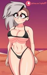 1girls amazon_prime beach big_breasts bikini blush breasts disguise female grey_hair helluva_boss human human_form human_loona long_hair loona_(helluva_boss) massive_breasts outdoors outside raydonxd red_eyes smile solo swimsuit swimwear thick_thighs two-piece_swimsuit vivienne_medrano white-skinned_female