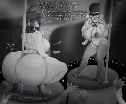 2girls angry angry_face ass big_ass clown clown_girl clown_makeup dat_ass female freckles freckles_on_ass freckles_on_breasts freckles_on_face hat huesosdry striped_body tagme toonix_(huesosdry) white_hair
