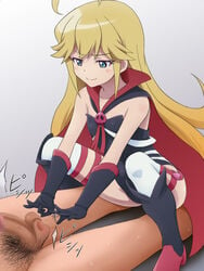 1girls 2010s ballbusting bare_shoulders blonde_hair blue_eyes blush breasts cape censored cleavage clothing elbow_gloves female flat_chest flick gloves human leopard_(yatterman) light-skinned_female light_skin long_hair mameshiba penis pubic_hair smile solo_focus stockings sweat tamakeri testicles thighhighs time_bokan_(series) yatterman yoru_no_yatterman