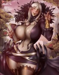 1girls alternate_breast_size aversa_(fire_emblem) bare_midriff bare_thighs big_breasts breasts center_opening cleavage dark-skinned_female dark_skin female female_only fire_emblem fire_emblem_awakening huge_breasts large_breasts long_nails looking_at_viewer midriff nintendo open_mouth slim_waist solo tessreidex thick_thighs thighhighs thighs white_hair wide_hips