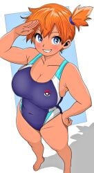 barefoot blue_eyes blush breasts cleavage clothing competition_swimsuit covered_navel dark-skinned_female female female_only from_above grin gym_leader hand_on_hip hand_on_own_hip huge_breasts kasumi_(pokemon) large_breasts legs looking_at_viewer navel one-piece_swimsuit orange_hair pokemon pokemon_(anime) pokemon_rgby ponytail salute short_hair side_ponytail smile solo standing swimsuit thick_thighs thighs wide_hips