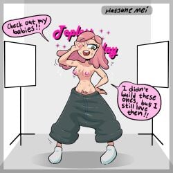 1girls baggy_pants blightstar boku_no_hero_academia breasts bush dialogue dirty english_text female hatsume_mei mechanic my_hero_academia oil one_eye_closed open_mouth photo_shoot photo_studio pink_hair pink_nipples pubic_hair pubic_hair_peek shoes solo speech_bubble standing studio sweaty tagme topless topless_tuesday wiping_sweat